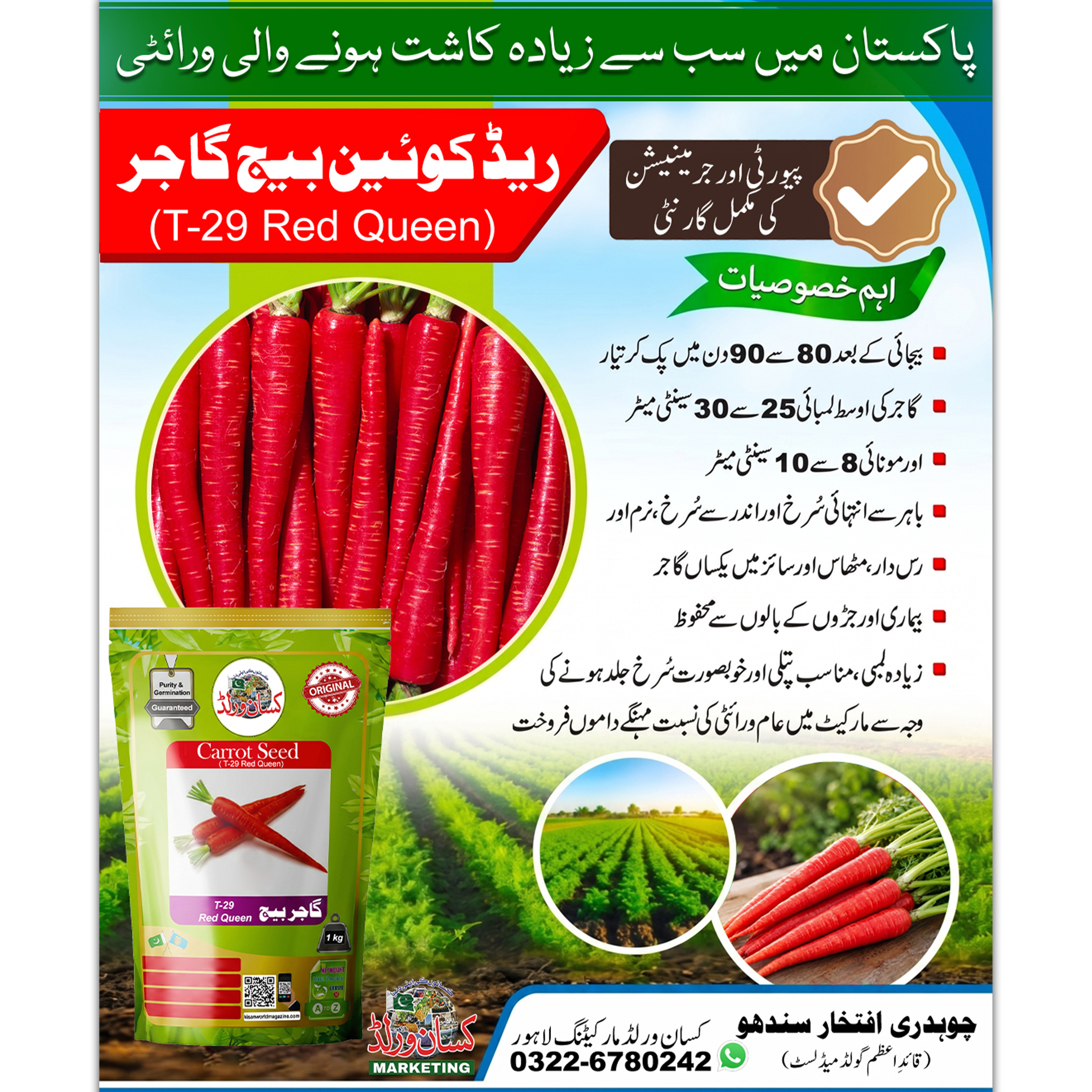 T-29 Red Queen Carrot Seed 1kg Pack by Kisan World - Top Cultivated Red Gajar in Pakistan